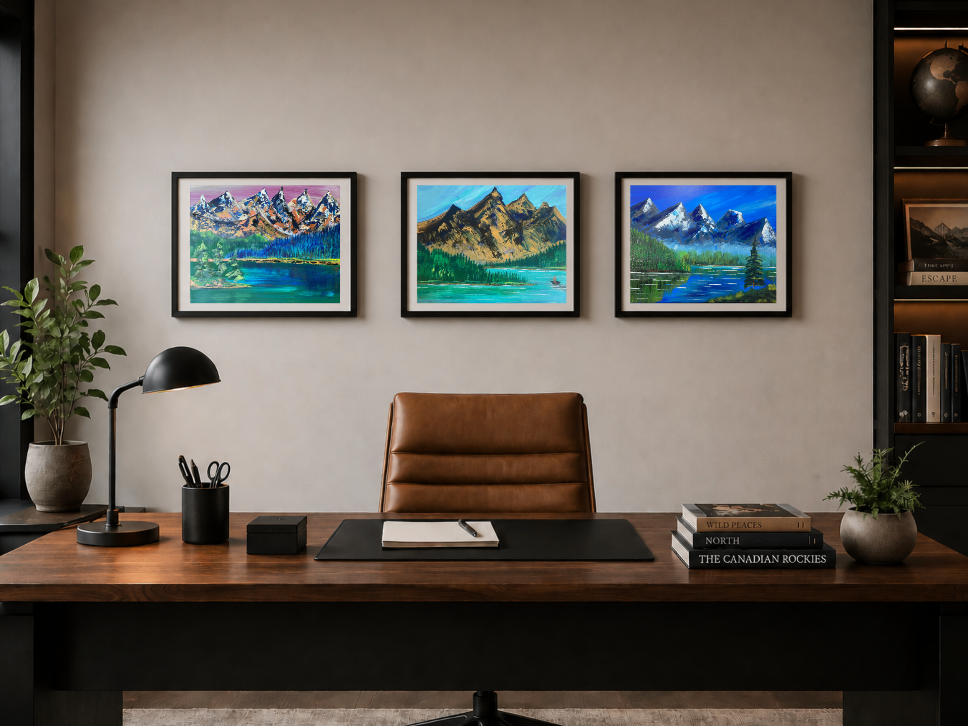 Featured landscape print displayed in a home office setting