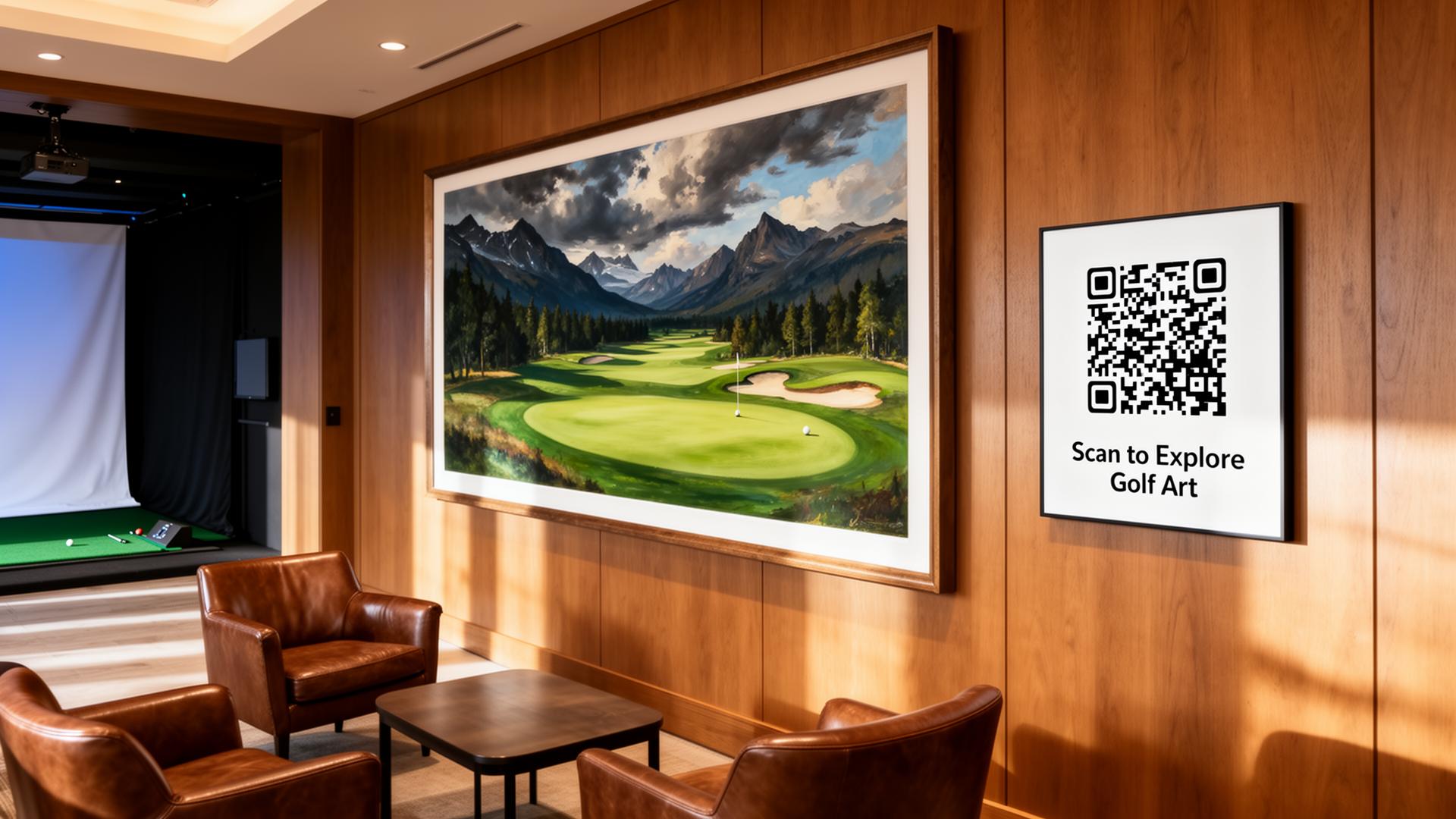 Framed Golf Art Canada print displayed beside a QR code sign in a golf simulator lounge